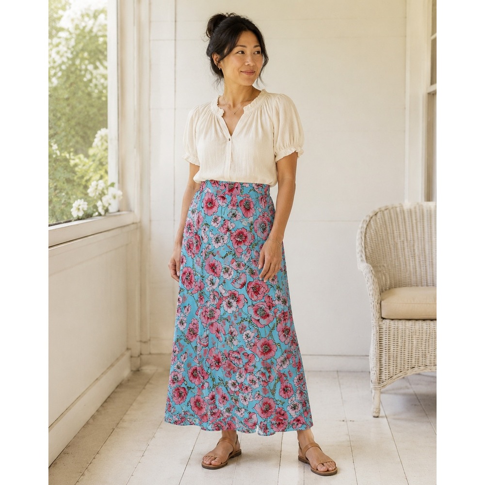 Boho Cottagecore Prairie Blue Pink Red Poppy Floral Jersey Knit M Maxi Skirt